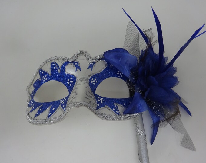 Blue and Silver Swan Lake Party Masquerade Wedding Bridal ball Eye Mask on Stick with Flower