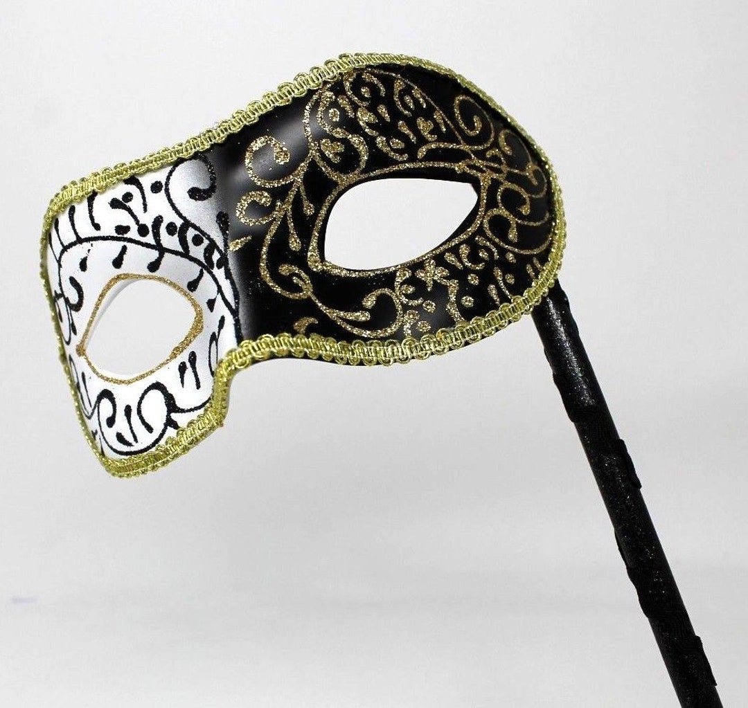 Black and Gold Masquerade Mask on a Stick Etsy