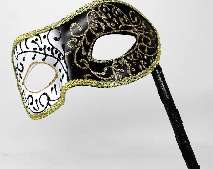 Black and Gold Masquerade Mask on a Stick