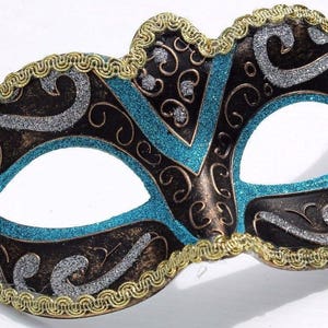 Masque de mascarade turquoise, argent, bronze et or