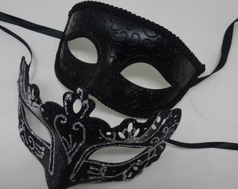 Black and Silver Pair of Male and Female Couples Masquerade Party Ball Prom Masks