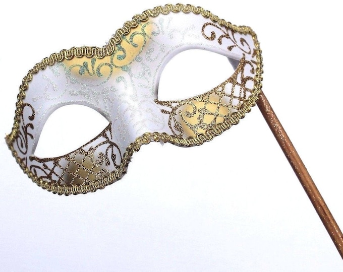 White and Gold Masquerade Mask on a Gold Stick