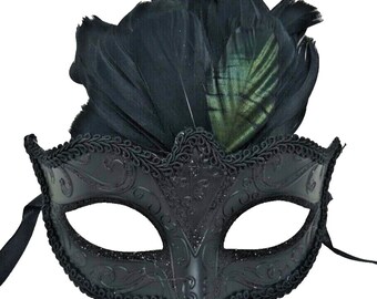 Ladies High Gloss Black Masquerade Mask with Flower and Feather Detail