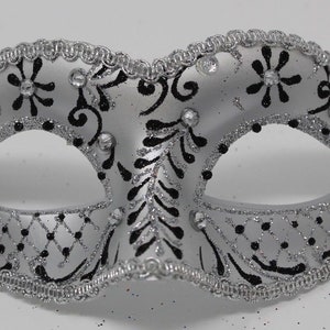 Black and Pearlised Silver Venetian Masquerade Party Ball Prom Eye Mask Adorned with Clear Jewels