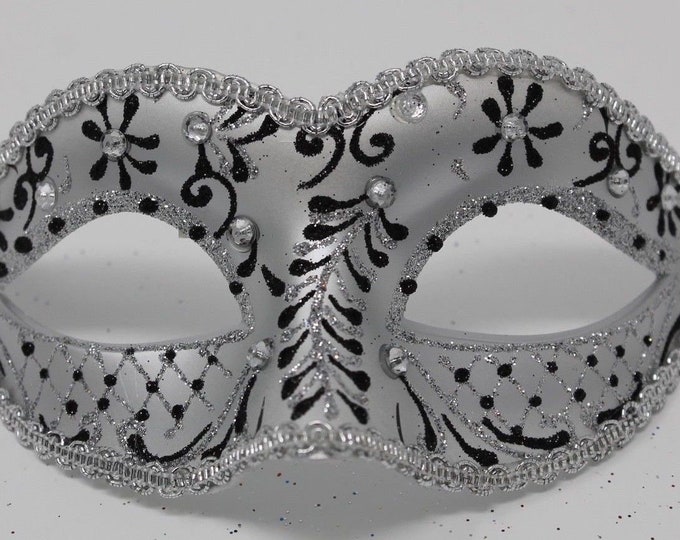 Black and Pearlised Silver Venetian Masquerade Party Ball Prom Eye Mask Adorned with Clear Jewels