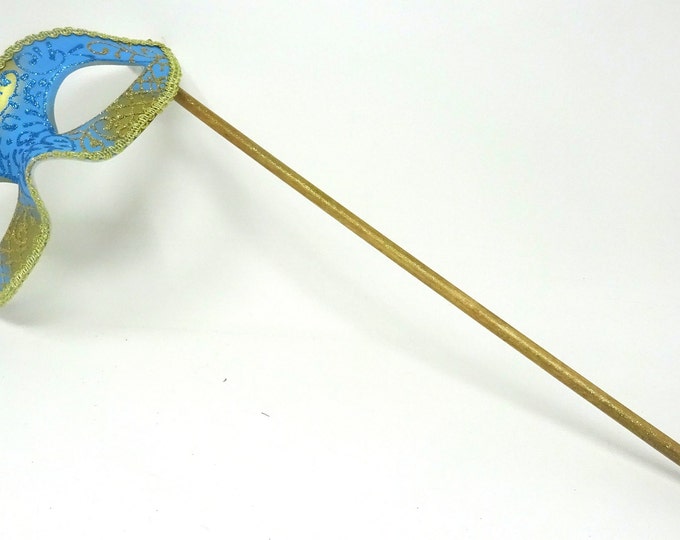 Turquoise and Gold Masquerade Party Carnival Ball Eye Mask on a Gold Stick