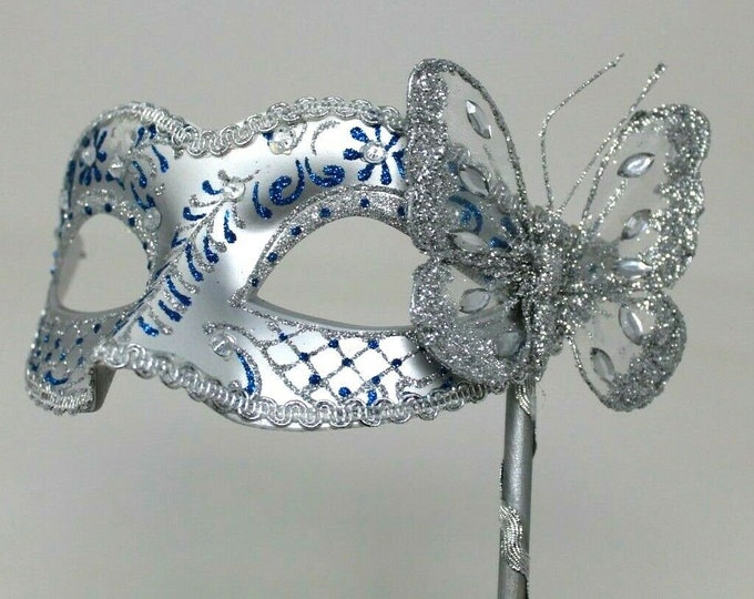 Blue and Silver Jewelled Party Masquerade Wedding Bridal ball Eye Mask on Stick with a Butterfly