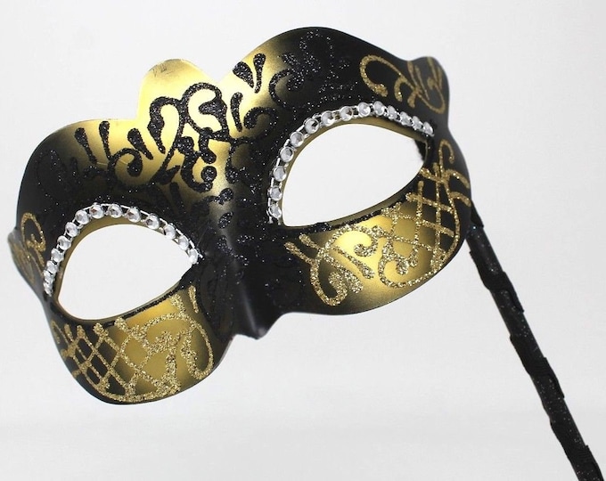 Black and Gold Masquerade Mask on a Stick