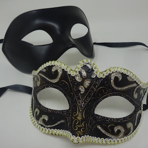 His and Hers Black and Gold Quality Pair of Male and Female Couples Masquerade Masks