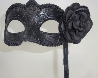 Black Venetian Masquerade Ball Carnival Eye Mask on a Stick with Flower Detail