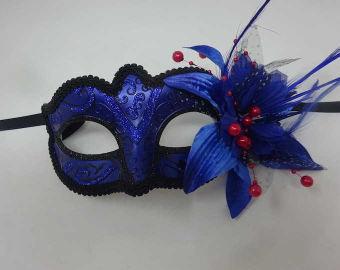 Sparkling Blue and Black Masquerade Ball Party Eye Mask with Flower Feathers and Red Beaded Stamens
