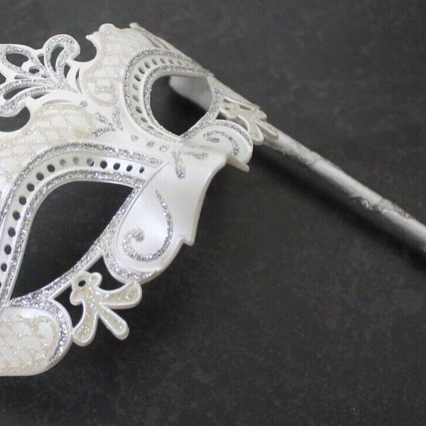 Rialto White and Silver Masquerade Party Carnival Ball Mask Hand Held on a Wooden Stick