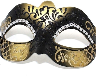 Ladies Black and Gold Jewelled Masquerade Ball Party Eye Mask