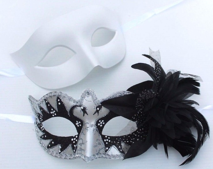 His and Hers Flick Swan Lake Couples Masks in Black and Pearlised White with Flower