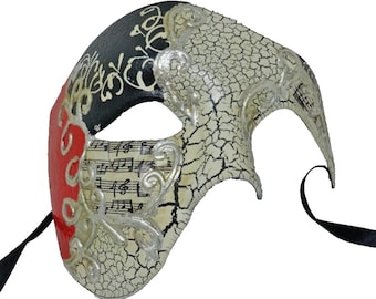 Red Black and Silver Musical Notes Half Face Phantom Masquerade Mask