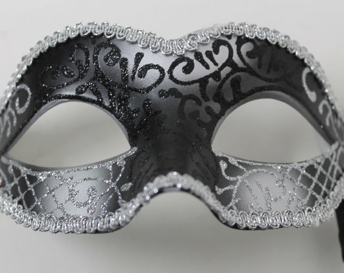Black and Silver Venetian Masquerade Mask Hand Held on a Stick
