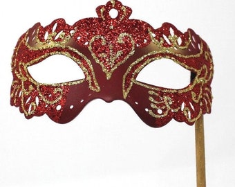 Red and Gold Rialto Venetian Masquerade Party Carnival Ball Eye Mask Hand Held on a Gold Stick