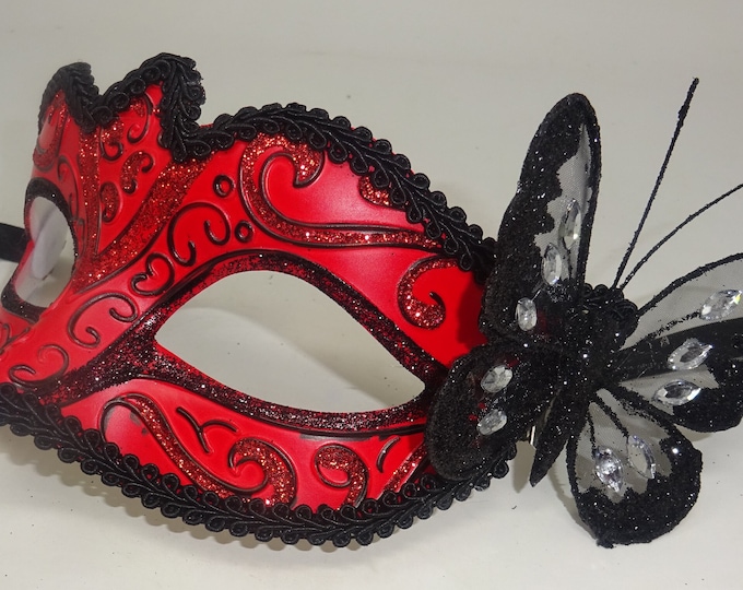 Red and Black Masquerade Mask with Butterfly for Masked Ball