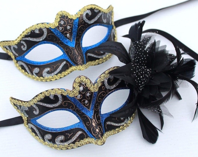 His and Hers Blue Masquerade Masks for Couples with Flower Detail