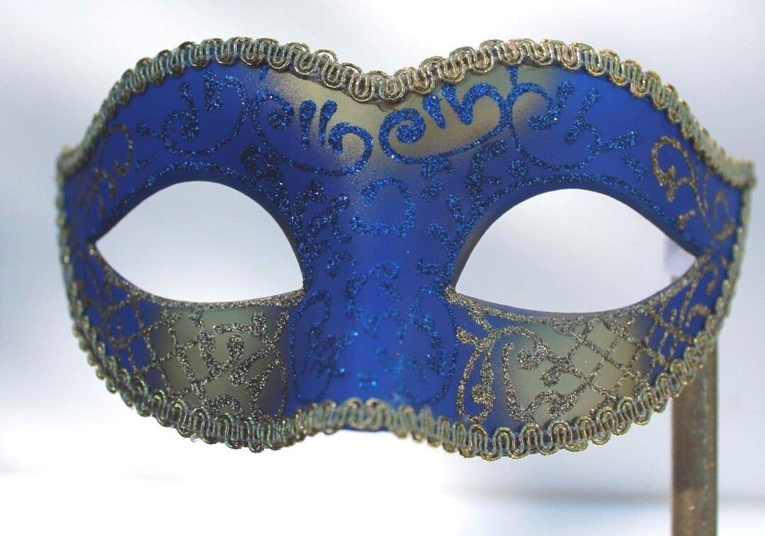 Stunning Blue and Gold Masquerade Ball Prom Eye Mask Hand Held on a ...