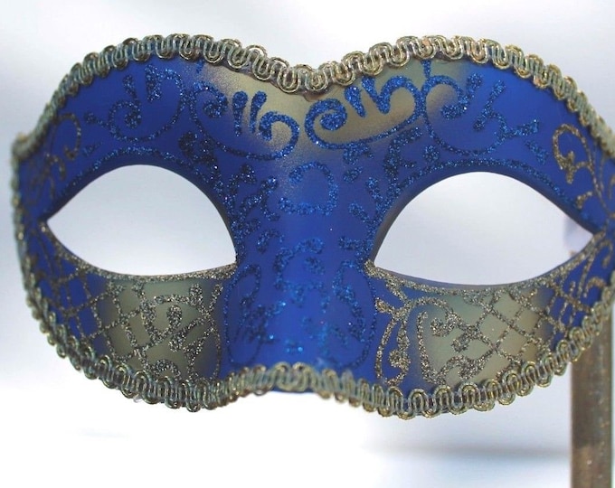 Stunning Blue and Gold Masquerade Ball Prom Eye Mask Hand Held on a Gold Stick