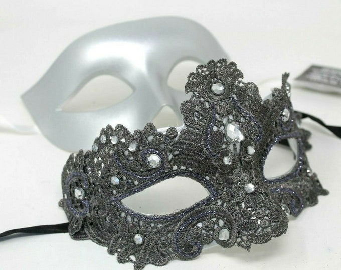 Silver Lace Brocade Couples Masquerade Masks