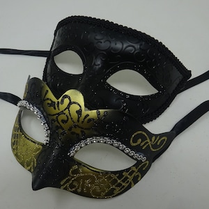 His and Hers Black and Gold Pair of Male and Female Couples Masquerade Masks