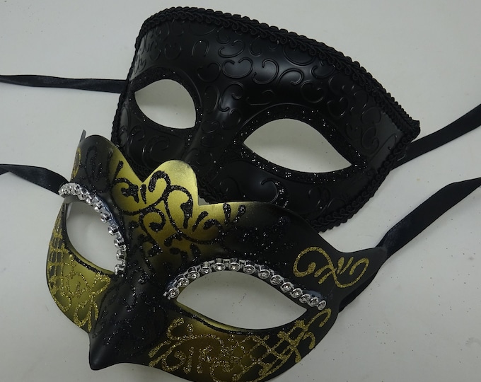 His and Hers Black and Gold Pair of Male and Female Couples Masquerade Masks