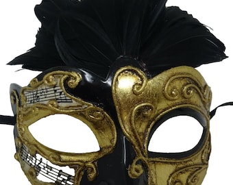 Black and Gold Musical Masquerade Feather Mask for Masked Ball with Musical Notes Script