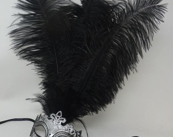Stunning Black and Silver Rialto Long Black Feather Venetian Masquerade Prom Ball Eye Mask