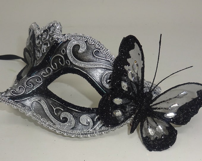Silver and Black Masquerade Mask with Butterfly for Masked Ball Carnival Party