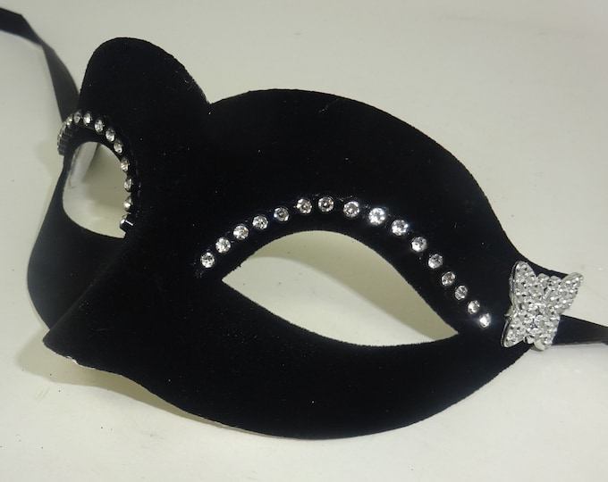 Small Ladies Delicate Velour Diamonte Black Masquerade Ball Carnival Mask with a Silver Butterfly