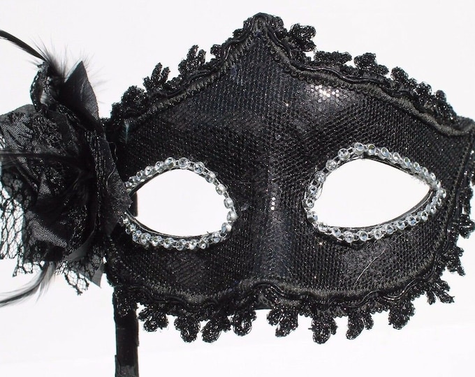 Stunning Sparkling Black Masquerade Mask with Diamontes and Flower on a Black Stick