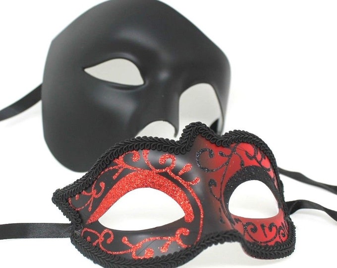Black & Red Phantom Pair of Male and Female Couples Masquerade Masks