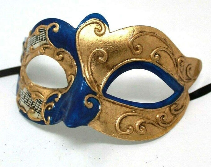 Blue and Gold Musical Masquerade Mask for Masked Ball with Musical Notes Script