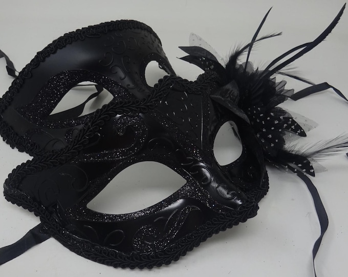 Black His n Hers High Gloss Couples Venetian Masquerade Party Carnival Eye Masks