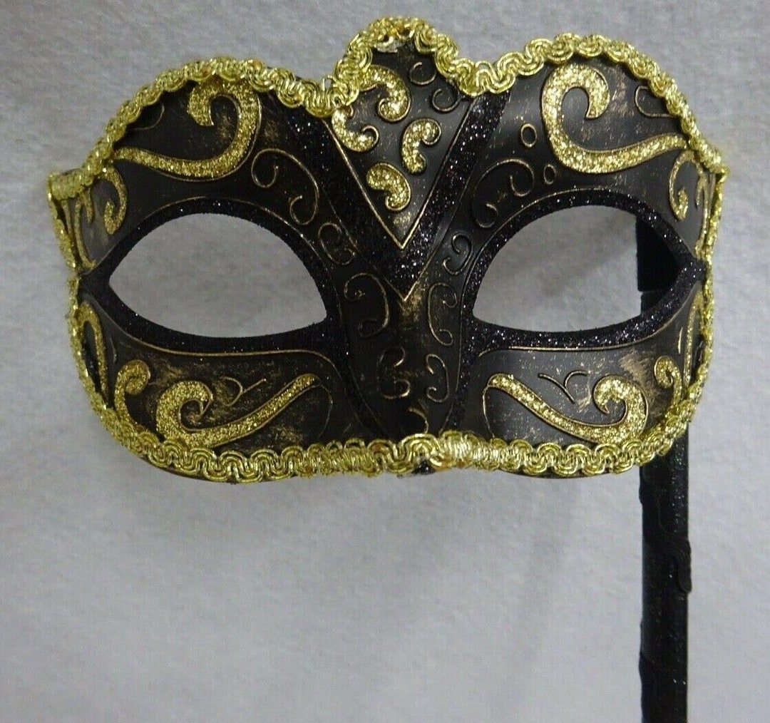 Ladies Stunning Black Bronze and Gold Masquerade Mask Hand Held on a ...