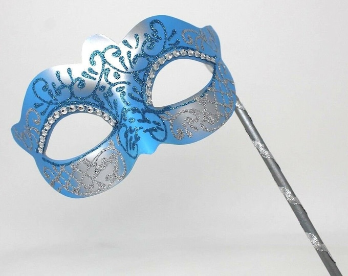 Turquoise Blue and Silver Mask on a Silver Stick