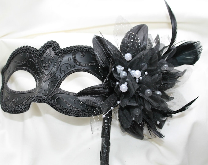 Black Masquerade Mask on a stick with pearl and flower detail