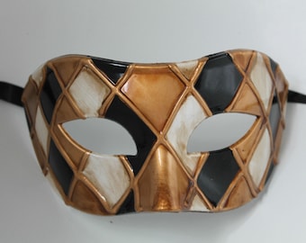 Black and Antique Gold Harlequin Masquerade Mask for Masked Ball