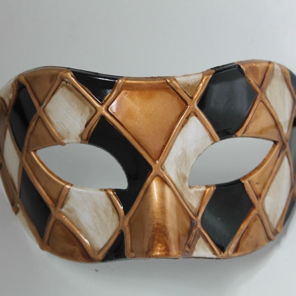Masque de mascarade arlequin en or noir et antique pour bal masqué