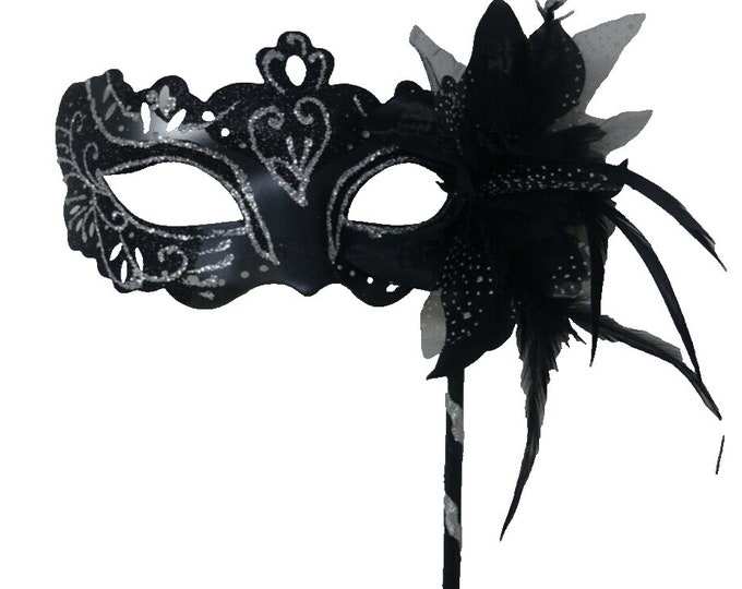 Black and Silver Rialto Masquerade Mask with Flower for Masked Ball Carnival Party Halloween Hand Held on a Wooden Stick