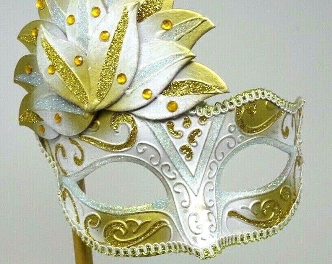 Ladies White and Gold Sparkling Masquerade Mask with Diamonte Detail Hand Held on a Wooden Stick