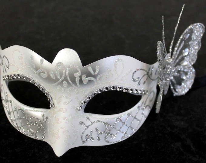 Winter Frosty White & Silver Venetian Masquerade Mask with Silver Butterfly