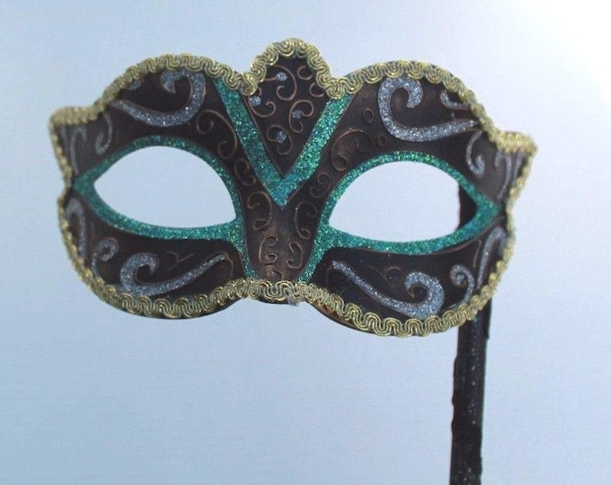 Green Black Bronze Silver and Gold Venetian Masquerade Carnival Party Eye Mask on a Black Stick