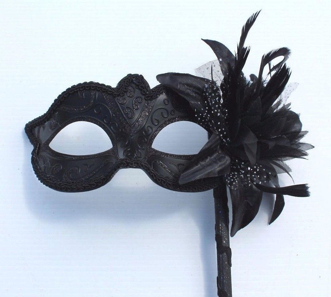 Stunning Black Masquerade Mask on a Black Stick With Black and White ...