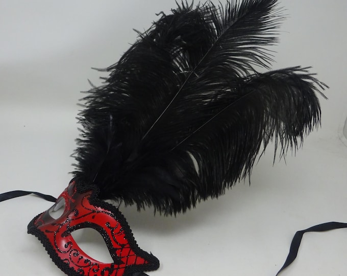 Red and Black Masquerade Eye Mask with Long Feathers for Party Prom Masked Ball