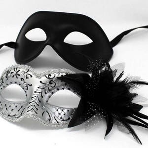 His and Hers Couples Masquerade Masks in Black and Silver Design with Flower