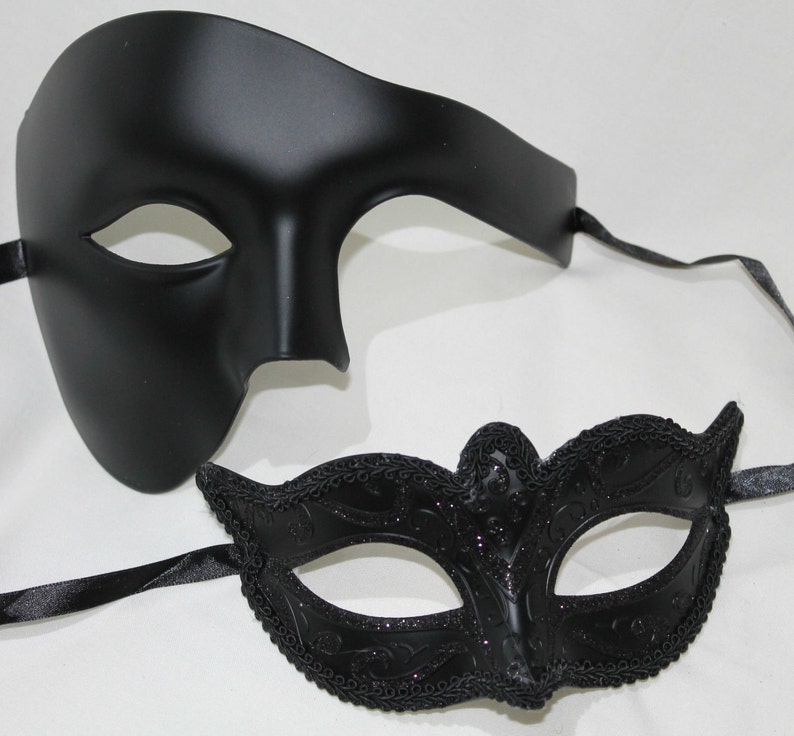His and Hers Black Phantom Pair of Male and Female Couples Masquerade Masks