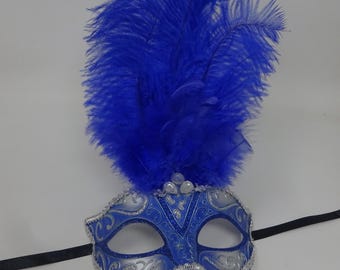 Stunning Blue and Silver Long Feather Masquerade Mask with Diamonds